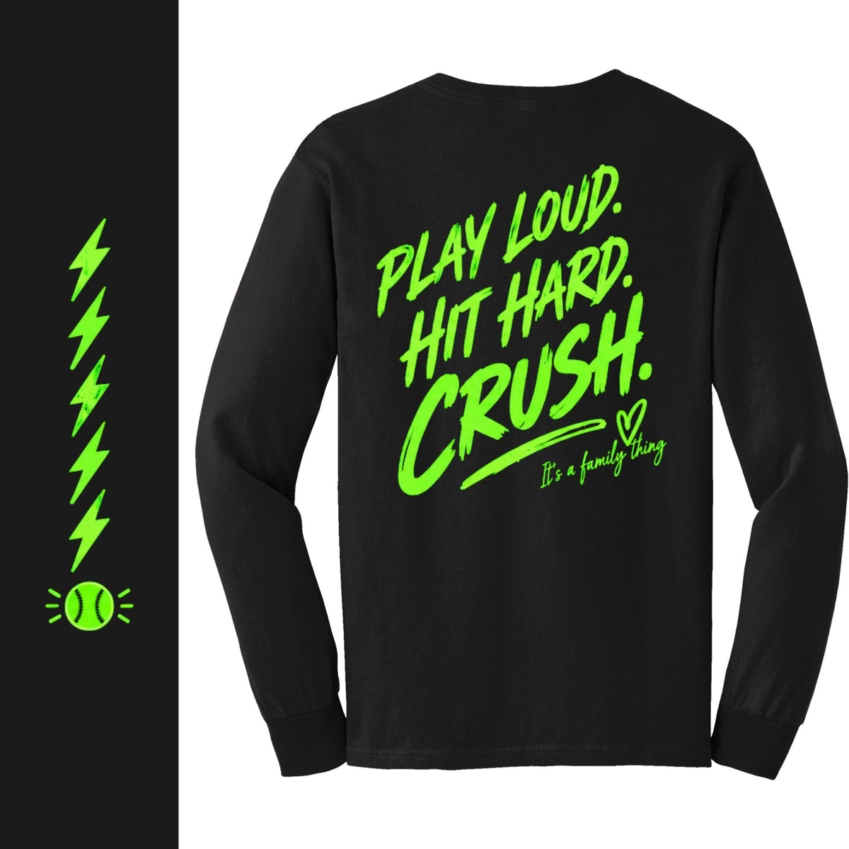 NEON GREEN INDY CRUSH L.SLEEVE TSHIRT - W/ FRONT, BACK, SLEEVE PRINT