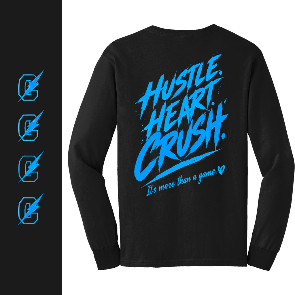 NEON BLUE INDY CRUSH L.SLEEVE TSHIRT - W/ FRONT, BACK, SLEEVE PRINT